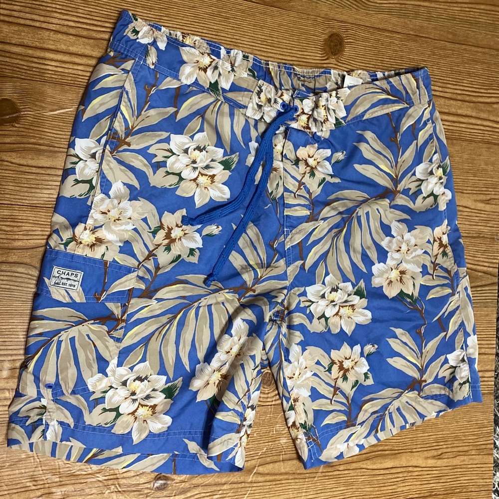 Chaps XL Hawaiian Floral Swim Trunks 9" inseam —NQ
